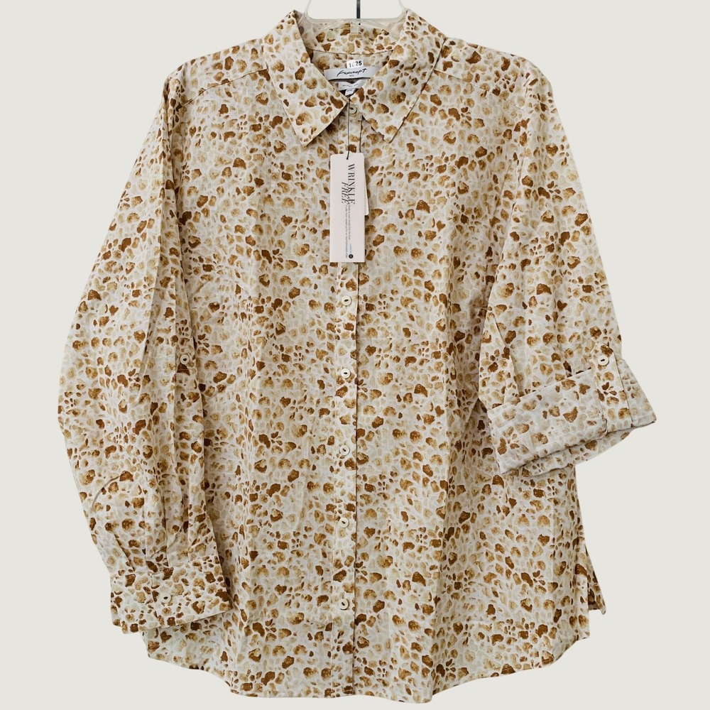 NWT Foxcroft Zoey Roll-Tab Sleeve Shirt Women 18W Tan Animal Print Wrinkle Free